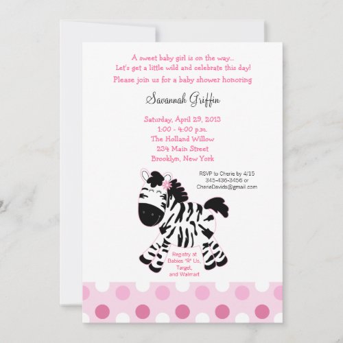 Cute Pink Zebra Baby Shower 5x7 Invitation