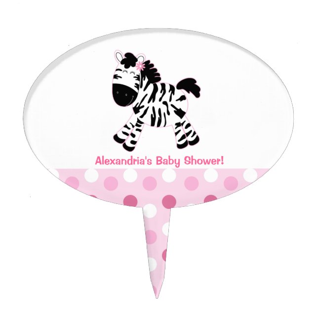 Cute Pink Zebra Baby Shower Cake Topper Pick (Front)