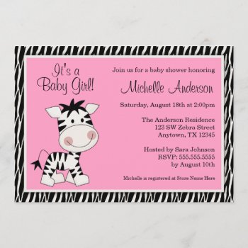 Cute Pink Zebra Baby Shower Invitations by WhimsicalPrintStudio at Zazzle