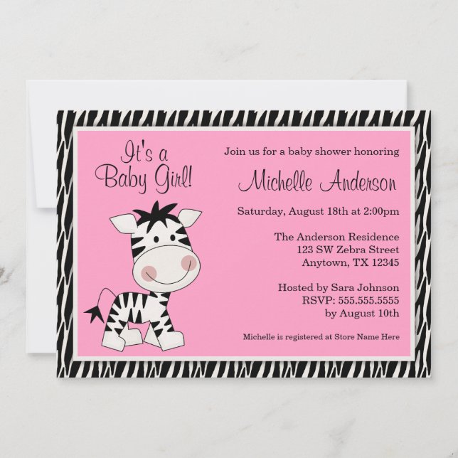 Cute Pink Zebra Baby Shower Invitations (Front)