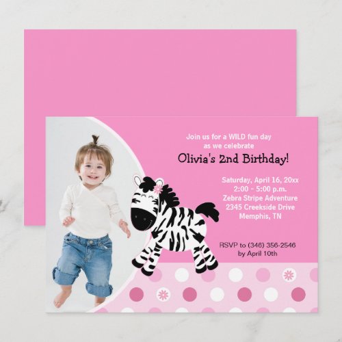 Cute Pink Zebra Girl Photo Birthday Invitation