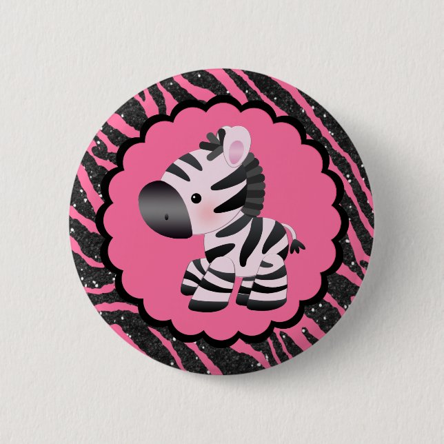 Cute Pink Zebra & Glitter Animal Print Button (Front)
