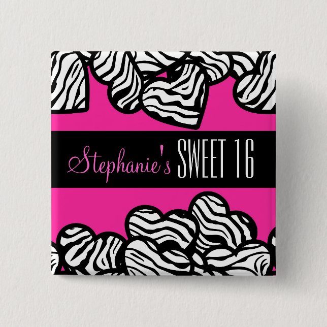 Cute Pink zebra heart Sweet 16 Birthday Button (Front)