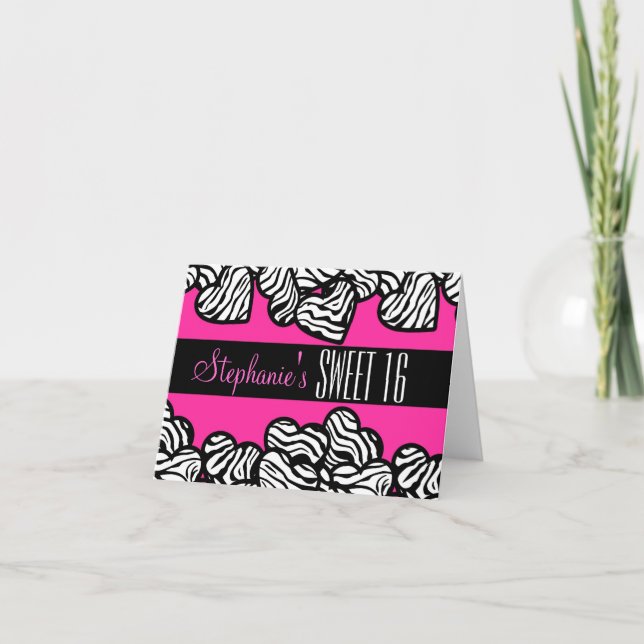 Cute Pink zebra heart Sweet 16 Birthday Card (Front)