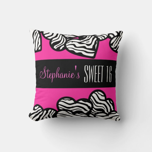 Cute Pink zebra heart Sweet 16 Birthday Pillow (Front)