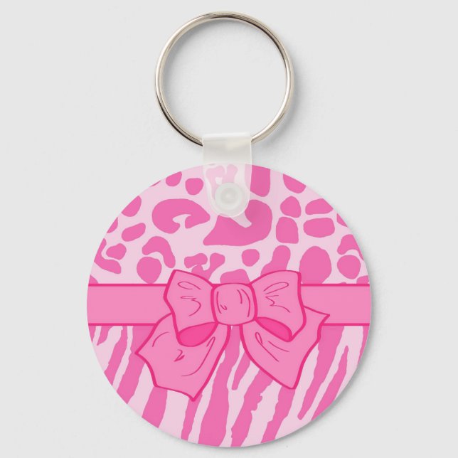 Cute Pink Zebra Leopard Animal Print and Girly Bow Keychain (Front)