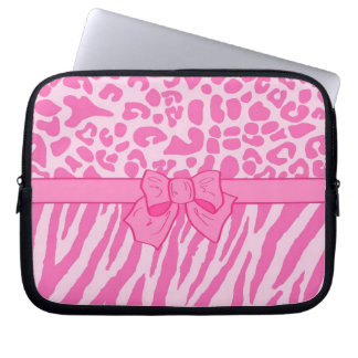 Cute Pink Zebra Leopard Animal Print and Girly Bow Laptop Sleeve