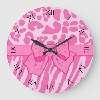 Cute Pink Zebra Leopard Animal Print And Girly Bow Large Clock by PhotographyTKDesigns at Zazzle