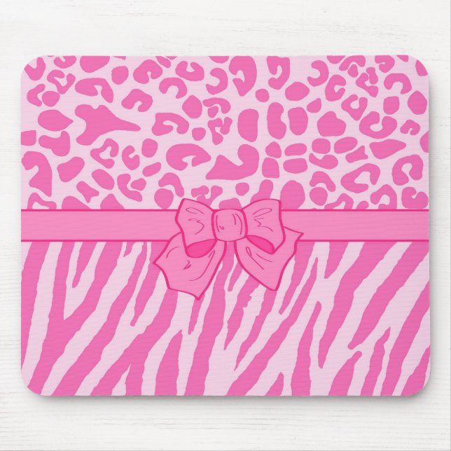 Cute Pink Zebra Leopard Animal Print and Girly Bow Mouse Pad (Front)