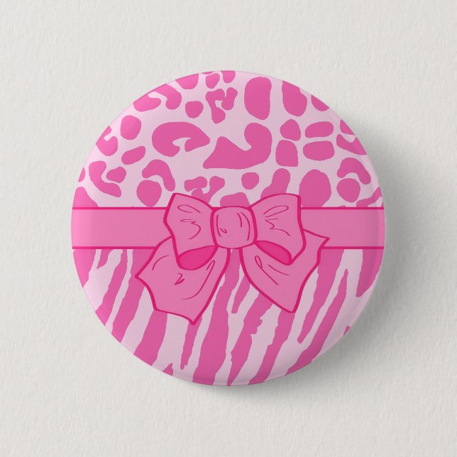 Cute Pink Zebra Leopard Animal Print and Girly Bow Pinback Button (Front)