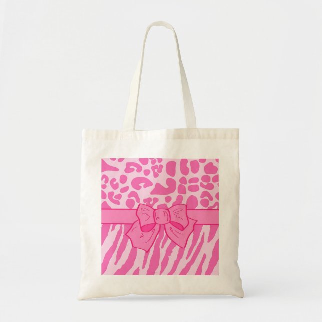 Cute Pink Zebra Leopard Animal Print and Girly Bow Tote Bag (Front)