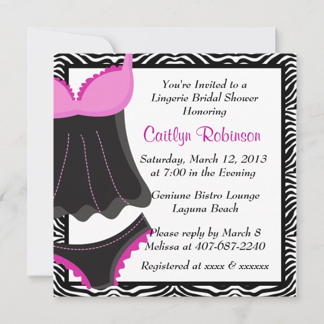 Cute Pink Zebra Lingerie Bridal Shower Invitation (Front)