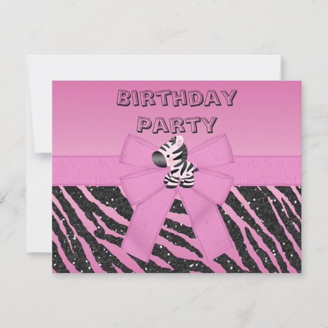 Cute Pink Zebra & Printed Bow Birthday Party Invitation (Front)