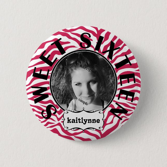Cute Pink Zebra  Sweet 16th Birthday Girl Pinback Button (Front)