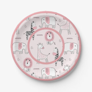 Cute Pink Zoo Animals Zebra Baby Shower Paper Plates