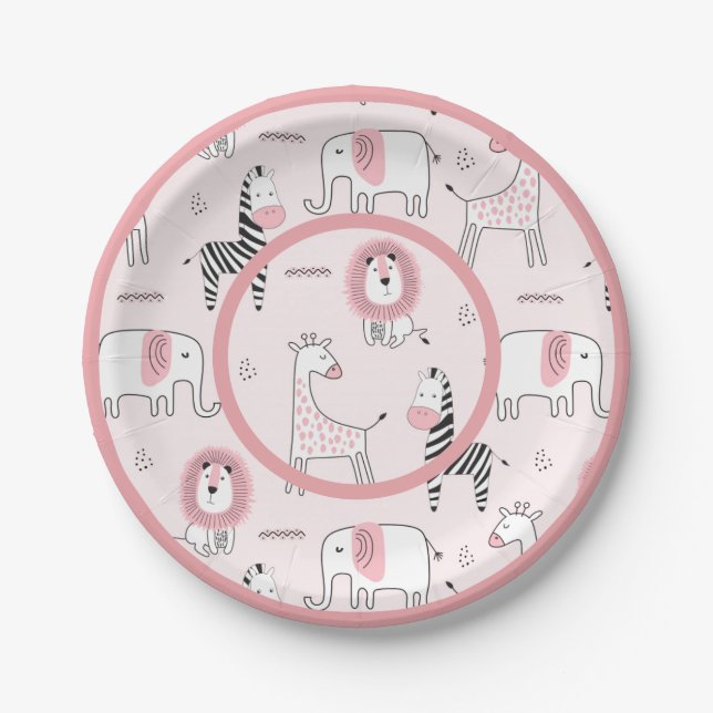Cute Pink Zoo Animals Zebra Baby Shower Paper Plates (Front)