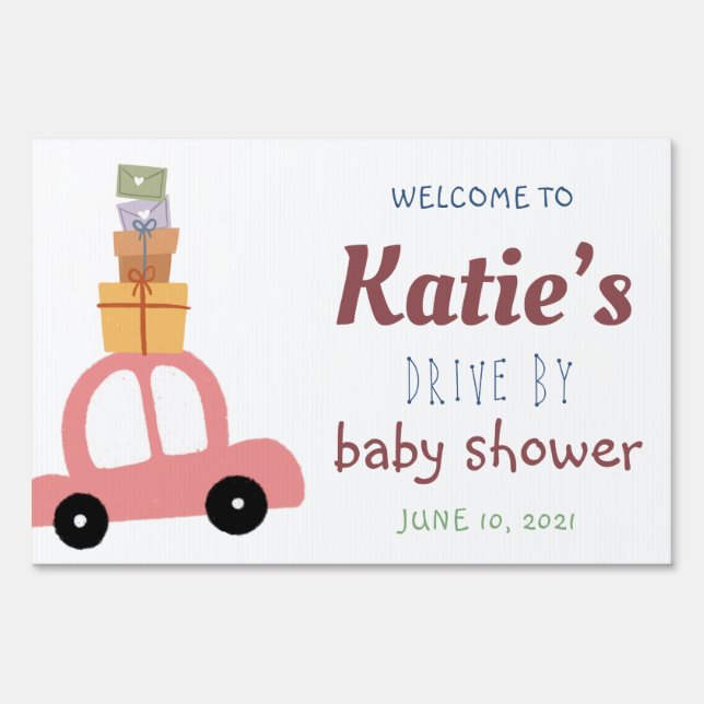 Cute PinkCars with Gifts Drive by Baby Shower Sign (Front)