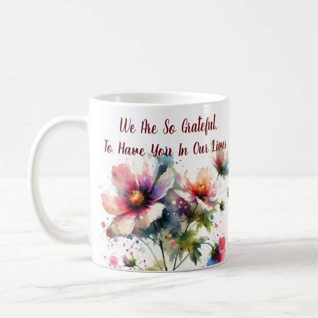 Cute Pinks ''We Are So Grateful'' Floral Design Coffee Mug (Left)