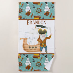 cute pirate add name kids beach towel