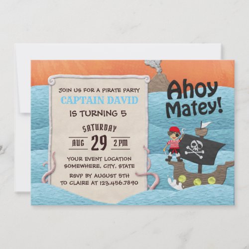 Cute Pirate Adventure Ahoy Matey Boy Birthday Invitation