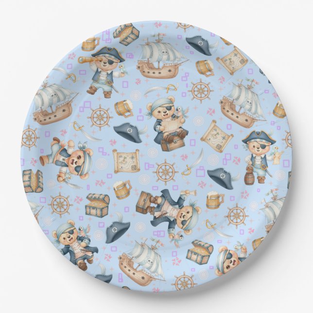 Cute Pirate Bear Seamless Pattern Paper Plates (Front)