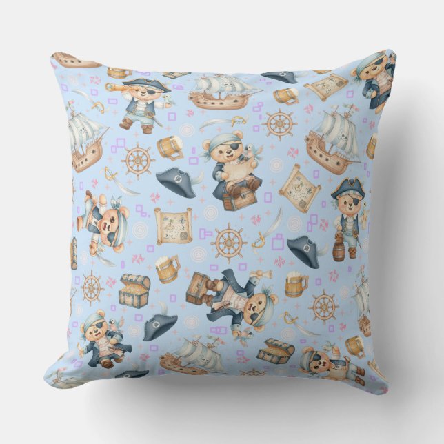 Cute Pirate Bear Seamless Pattern Throw Pillow (Front)
