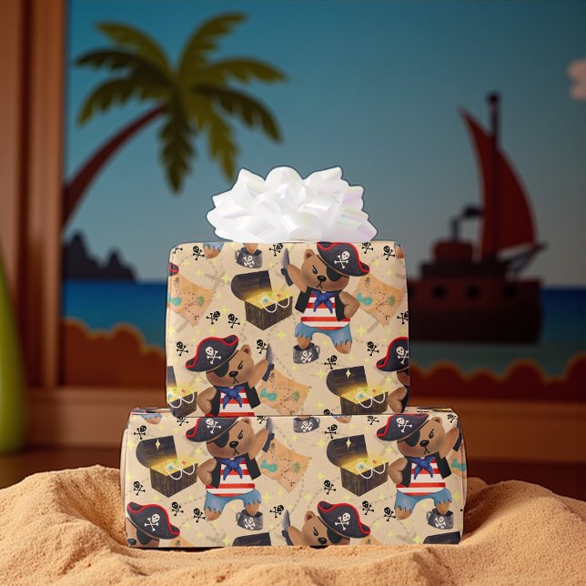 Cute Pirate Bear Treasure Map  Wrapping Paper (Cute pirate bear gift wrap with maps and treasure chests, perfect for kids’ pirate party presents.)