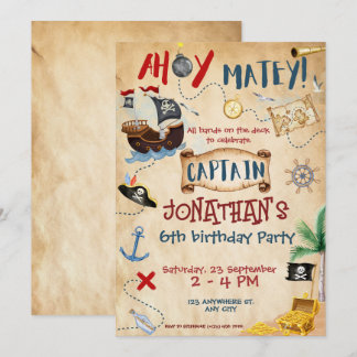 Cute Pirate Birthday Parchment watercolor Invitation