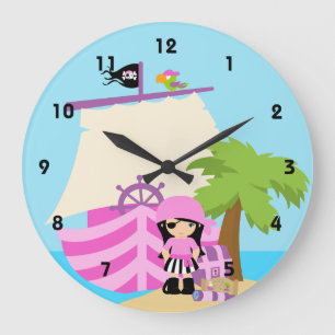 Cute Pirate Blonde Girl & A Big Ship Custom Name Large Clock