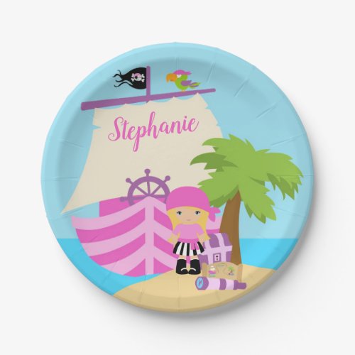 Cute Pirate Blonde Girl  A Big Ship Custom Name Paper Plates