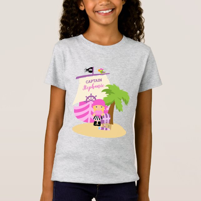 Cute Pirate Blonde Girl & A Big Ship Custom Name T-Shirt (Front)