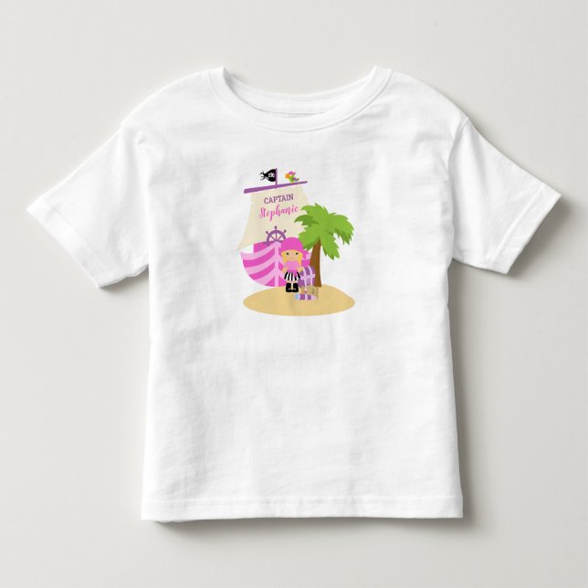 Cute Pirate Blonde Girl & A Big Ship Custom Name Toddler T-shirt (Front)