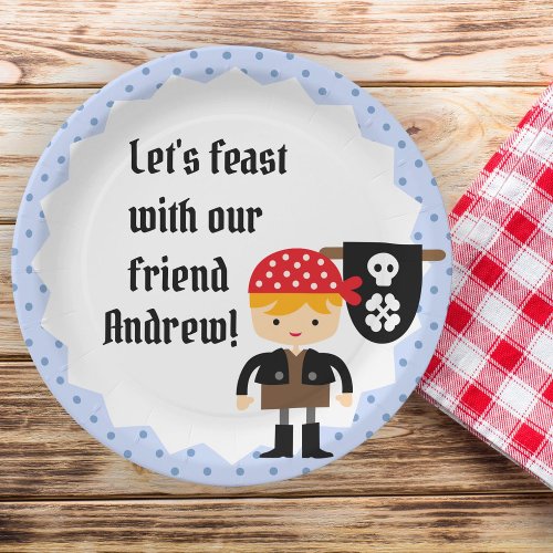 Cute pirate blue polka dots simple birthday  paper plates