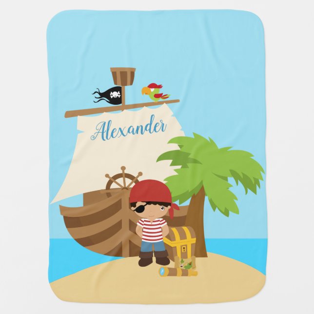 Cute Pirate Boy & A Big Ship Custom Name Baby Blanket (Front)