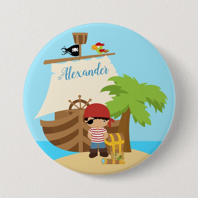 Cute Pirate Boy & A Big Ship Custom Name Button (Front)
