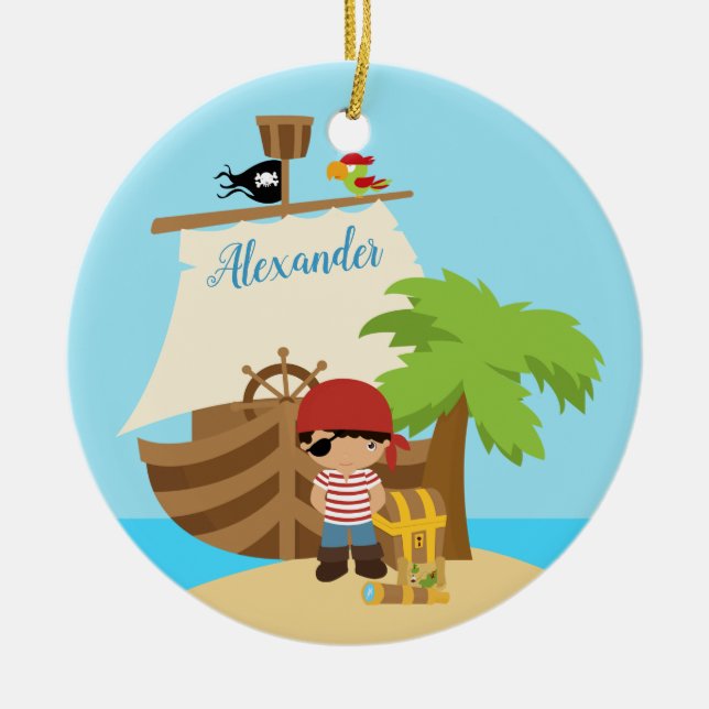 Cute Pirate Boy & A Big Ship Custom Name Ceramic Ornament (Front)