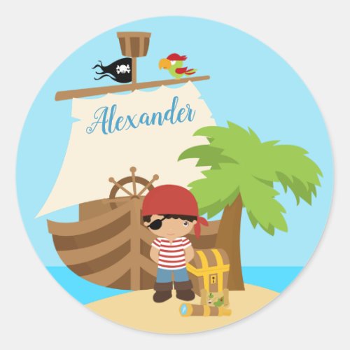 Cute Pirate Boy  A Big Ship Custom Name Classic Round Sticker