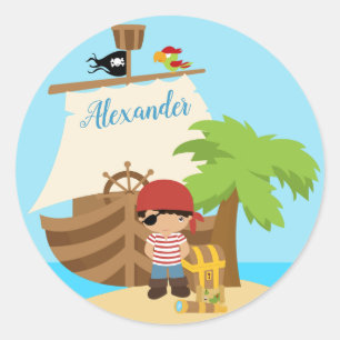 Cute Pirate Boy & A Big Ship Custom Name Classic Round Sticker