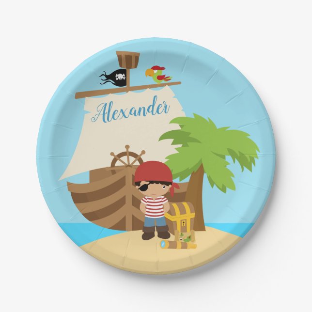 Cute Pirate Boy & A Big Ship Custom Name Paper Plates (Front)