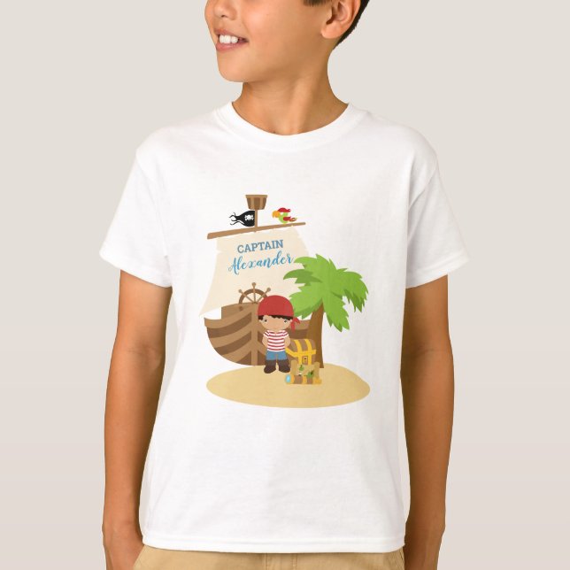 Cute Pirate Boy & A Big Ship Custom Name T-Shirt (Front)