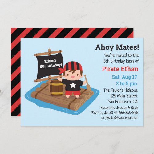 Cute Pirate Boy Boat Raft Kids Birthday Party Invitation