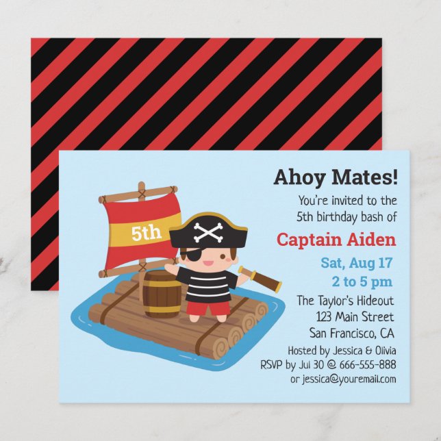 Cute Pirate Boy on Sailboat Raft Birthday Party Invitation (Front/Back)