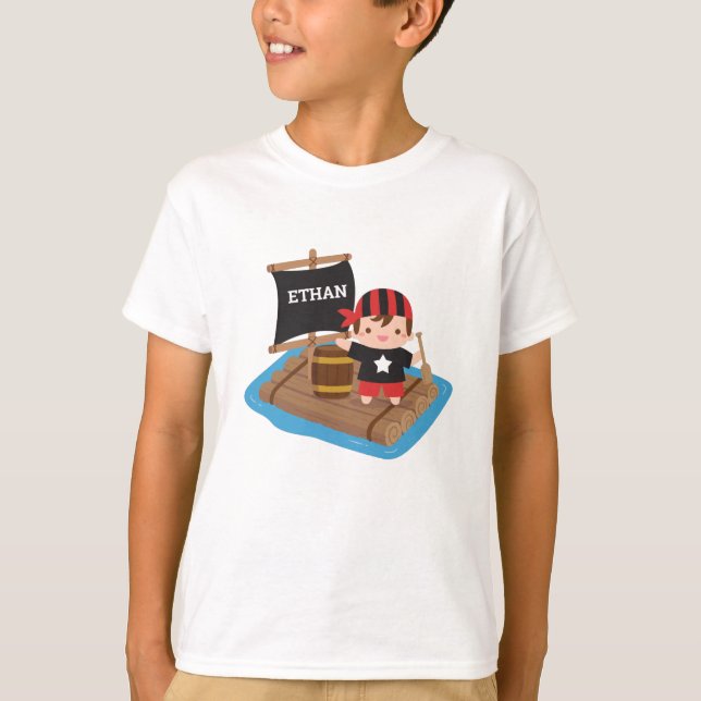 Cute Pirate Boy With Bandana, Raft Boat Kids T-Shirt (Front)