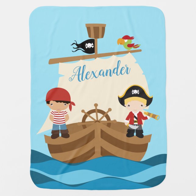 Cute Pirate Boys & A Big Ship Custom Name Baby Blanket (Front)