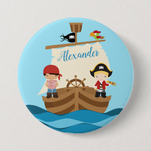 Cute Pirate Boys & A Big Ship Custom Name Button