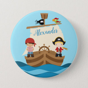 Cute Pirate Boys & A Big Ship Custom Name Button