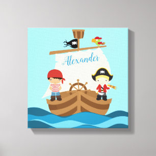 Cute Pirate Boys & A Big Ship Custom Name Canvas Print
