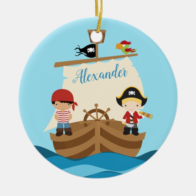 Cute Pirate Boys & A Big Ship Custom Name Ceramic Ornament (Front)