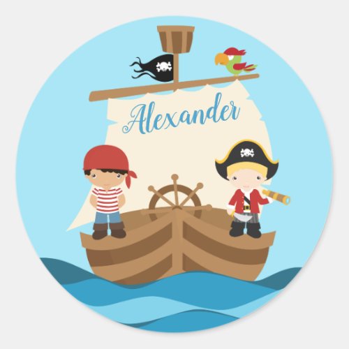 Cute Pirate Boys  A Big Ship Custom Name Classic Round Sticker