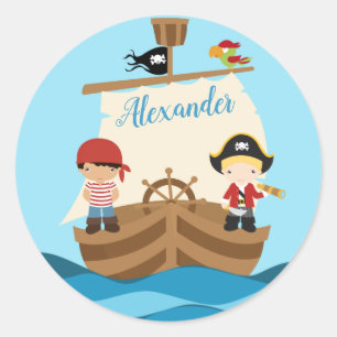 Cute Pirate Boys & A Big Ship Custom Name Classic Round Sticker